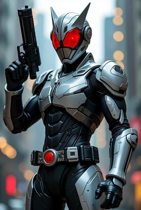 Mechanized Kamen Rider，Electronic protective cover mounted on right arm，Pistol in left hand，Bright Black