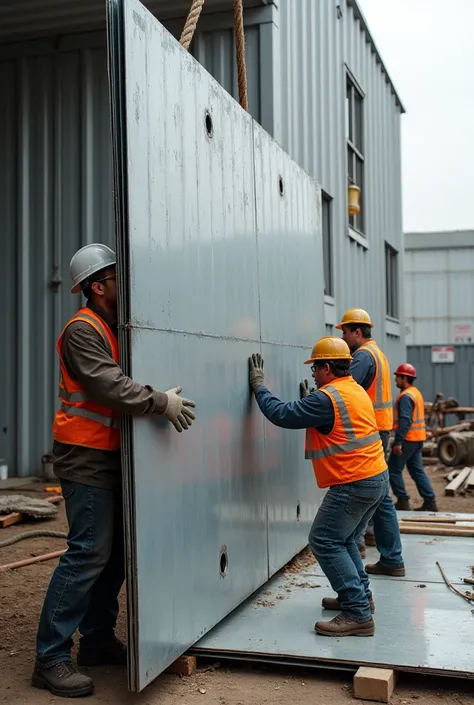 Construction workers manually erecting a flat expanded metal sheet, no openings, fully dressed, and no crane involved