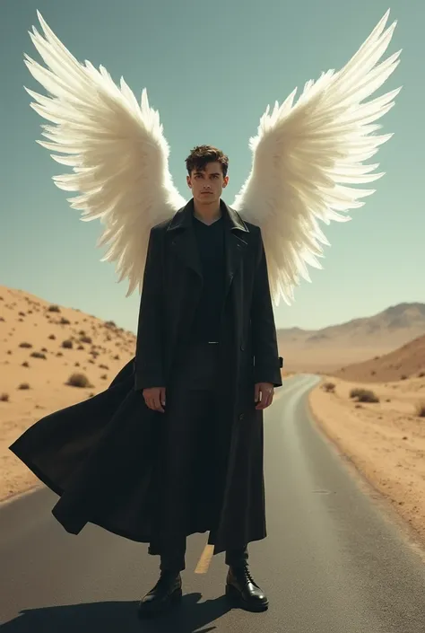 Medium build male with short black hair standing on desert road with black trench coat and White large Wings