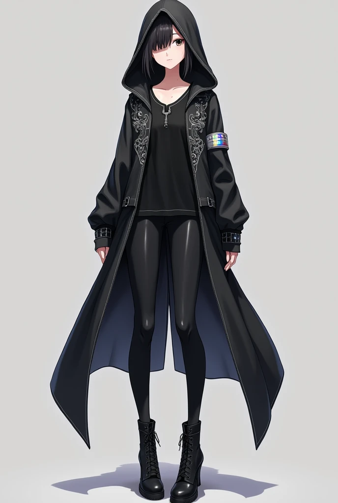 (anime:1.2) a Young 1 tall human woman of 710" using An ordinary black Henley T-shirt. And on top an updated tight fitting hooded with a beaked tip tailcoat jacket for 2024 made of matte black fabric with a slight sheen, it has a short front and long back ...