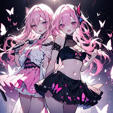 2 girls、Back to Back、Mature、Ample breasts、Long Hair、Pink Hair、Long eyelashes、butterflyのヘッドホン、Put on headphones、butterfly、Dark Room、sing、Open Mouth、Diva、Shoulder Bare、Belly button、Miniskirt、Lace fabric、garter、Hold the microphone