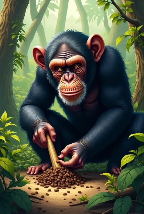 A chimpanzee using a stick as a tool to catch termites, set in a lush green forest. The chimpanzee appears focused and intelligent, with detailed expressions on its face. The background shows tall trees and a natural, wild environment