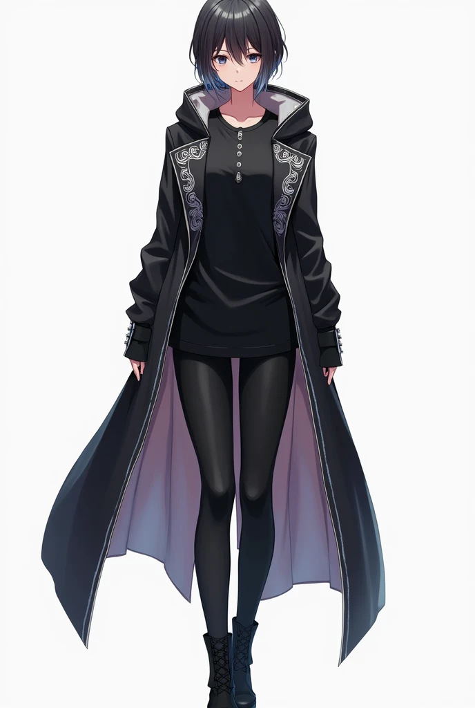 (anime:1.2) a Young 1 tall human woman of 710" using An ordinary black Henley T-shirt. And on top an updated tight fitting hooded with a beaked tip tailcoat jacket for 2024 made of matte black fabric with a slight sheen, it has a short front and long back ...