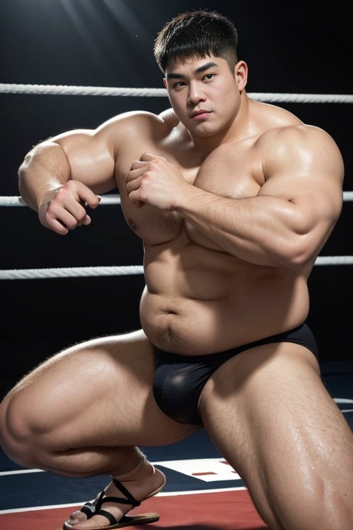 (Highest quality)), (detailed),(masterpiece:1.2),Fat Japanese boy、A muscular body with excess fat、round face、Short hair with bangs、The skin is smooth and hairless、Wearing sandals、Professional wrestling ring、stretch