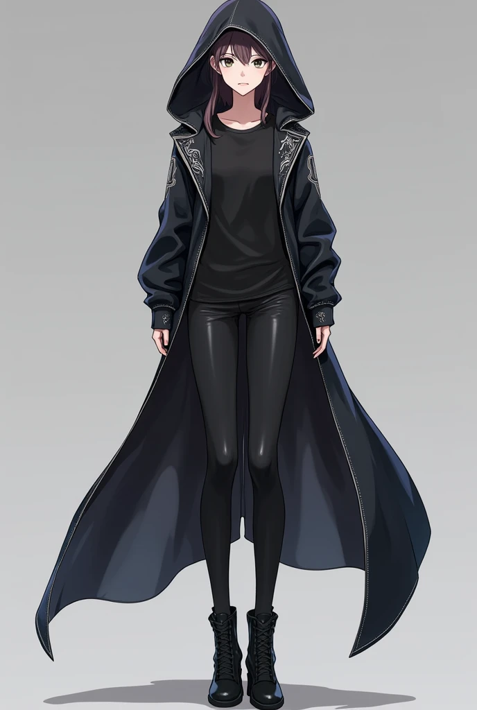 (anime:1.2) a Young 1 tall human woman of 710" using An ordinary black Henley T-shirt. And on top an updated tight fitting hooded with a beaked tip tailcoat jacket for 2024 made of matte black fabric with a slight sheen, it has a short front and long back ...