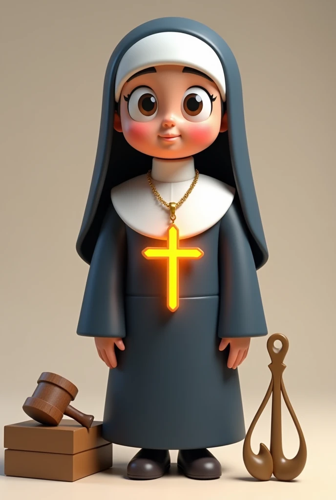 3D cartoon of a nun she has a white veil wearing long dark blue jumper and inside is white blouse and she has a crucifix necklace a radiant crucifix on her chest, accompanied by a hammer and pincers, symbolizing the tools used in the Crucifixion of Christ.