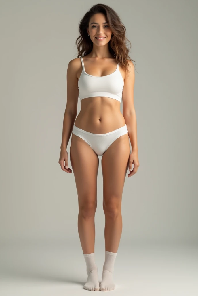 woman not too thin nor too fat with very short white socks and underwear