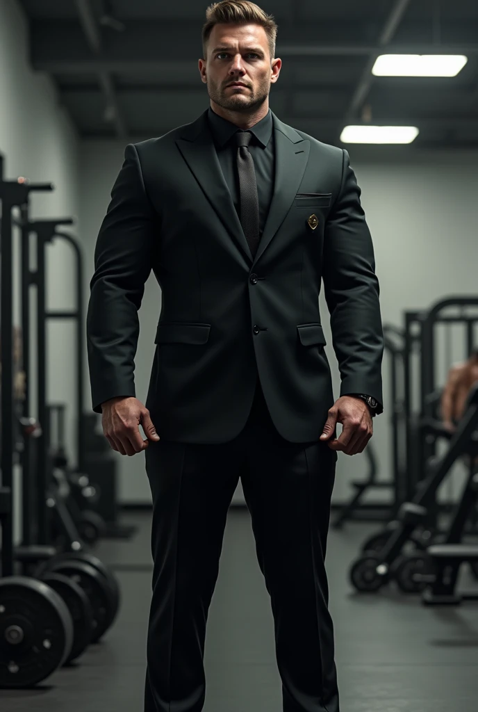 tall handsome and strong and heavy black suit gym
