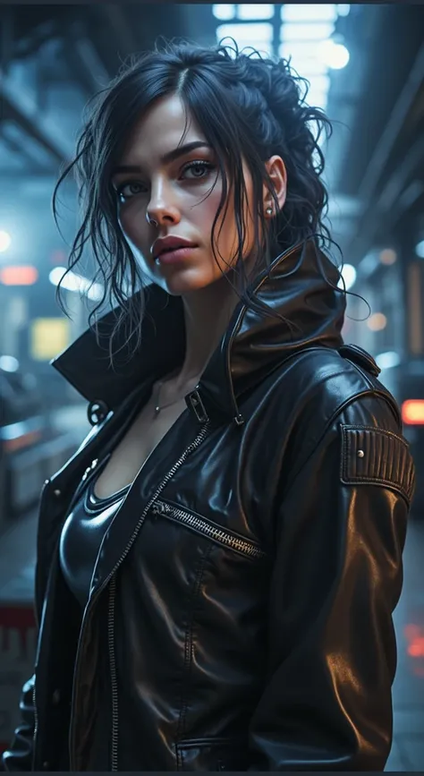 beautiful woman detective, intricate and extremely attractive features, deep and mysterious gaze, long tied back hair, leather jacket, hyper realistic, 8k, photorealistic, masterpiece, studio lighting, cinematic lighting, dramatic shadows, intricate detail...