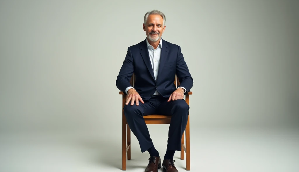 presenter sitting on a wooden chair, front-facing