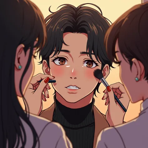 Bts Jeon jungkook in his makeup room ... Many girl makeup artist doing his makeup a closeup shot of his beautiful handsome face and his sexiness in anime version .... He took his phone and doing mirror selfie 