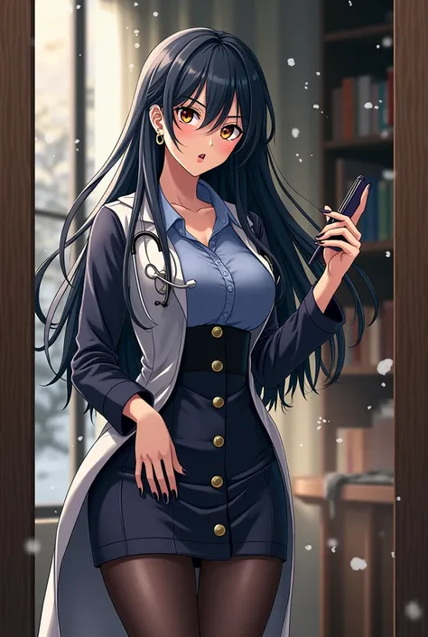 by the wide blue. dark brown eyes, deep and energetic.. She is wearing a doctor&#39;s uniform, a long white doctor&#39;s coat, a blue button-down shirt, a long and short skirt with pantyhose and black heels. In the background her apartment turned into a cl...