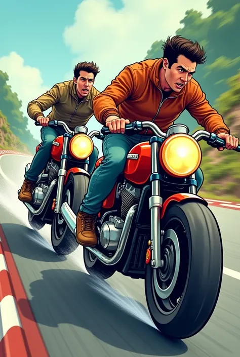 Cartoon drawing two guys racing using motorcycle 