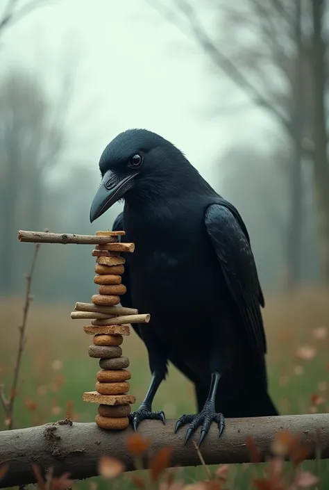 A crow solving a complex puzzle by using a stick to reach food, set against a backdrop of a rural landscape. The crow looks intensely focused, with its glossy black feathers shining in the light. The background features a simple environment with trees and ...