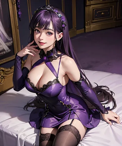 18k, a woman beautiful dress, ((Grape purple dress and black stocking)), purple flowers in head up, smile, realistic  high detailed, ultra realistic, indoor room bed sleep