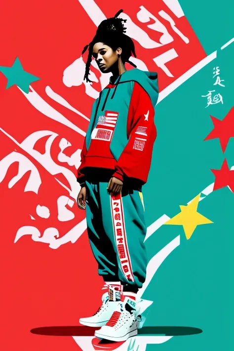 A background filled with Japanese flag in various sizes and colors、
Creative logo illustration of a silhouette with dreadlocks and red headphones, 
Banksy、
A background completely filled with scattered musical notes in various sizes and colors, covering th...