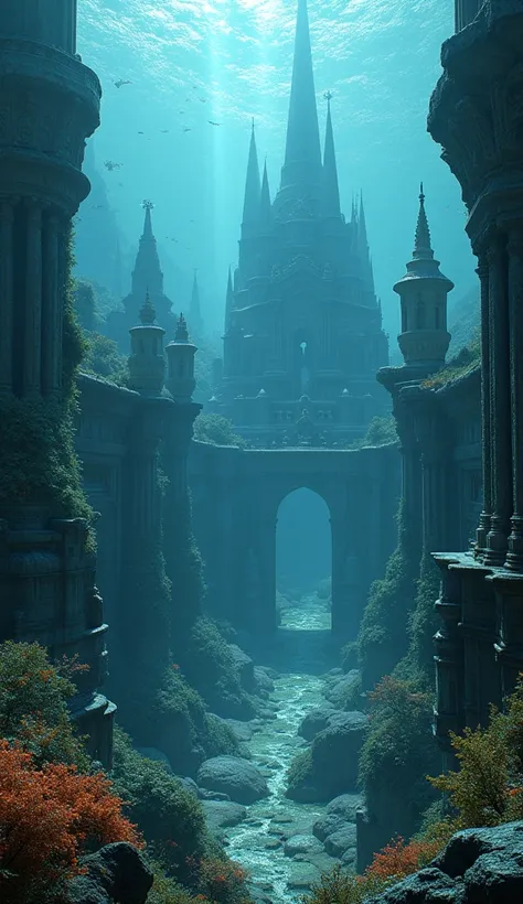 Panoramic view of a mythical sunken atlantis, an ancient and powerful city state underwater deep in the ocean, beautifully preserved underwater ruins of an ancient city, an ancient city on an island that sank, stunning underwater city view, intricate ancie...