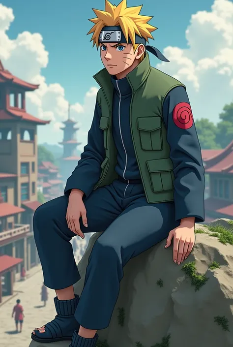 naruto wearing a konohagakure shinobi uniform, like kakashis clothes, sitting on the hokage statue, very detailed konohagakure shinobi uniform