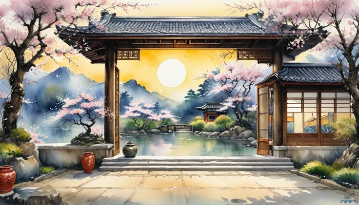 in the courtyard of ancient building.the sun shines under the cherry blossom trees,gently illuminates the entire scene,to presen...