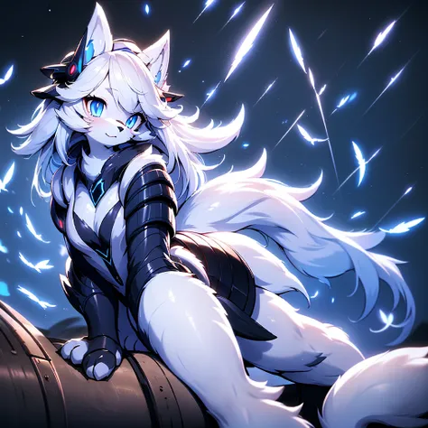 (female) furry white wolf technology (animals similar to humans) (thin body tech) (nine tails) (long black hair) (blue eyes) (bl...