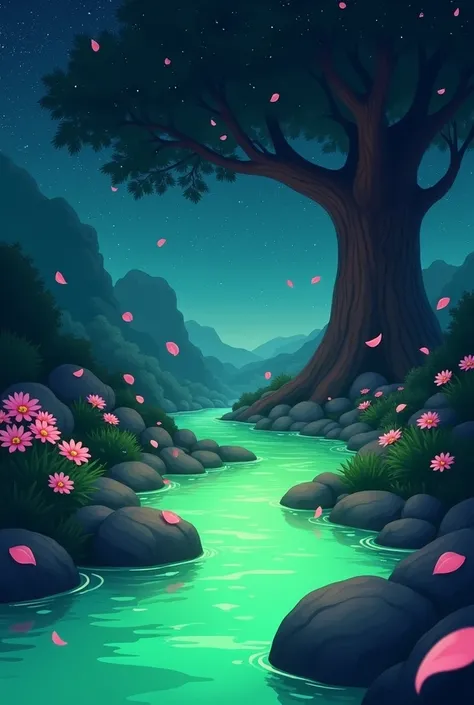 (magical pretty night sky green stream overlay scene), (sky), (cloud), soft light, Clean background, beautiful scenery, Masterpiece, High quality, Beautiful graphics, Highly detailed, Great scenery., garden, flower, cloud, (night starry sky, The river is b...