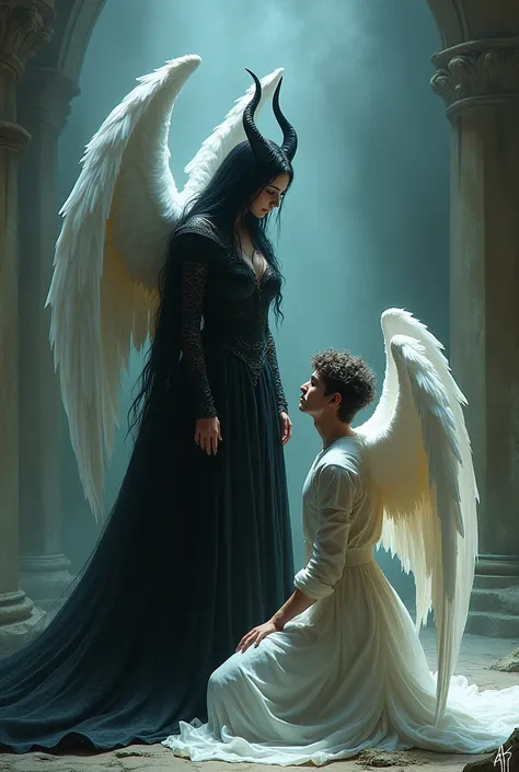 An angel and a demon woman, the demonic woman, cold-eyed, terrifying, dressed in black, the man is a beautiful white angel, with large wings, kneeling in front of her