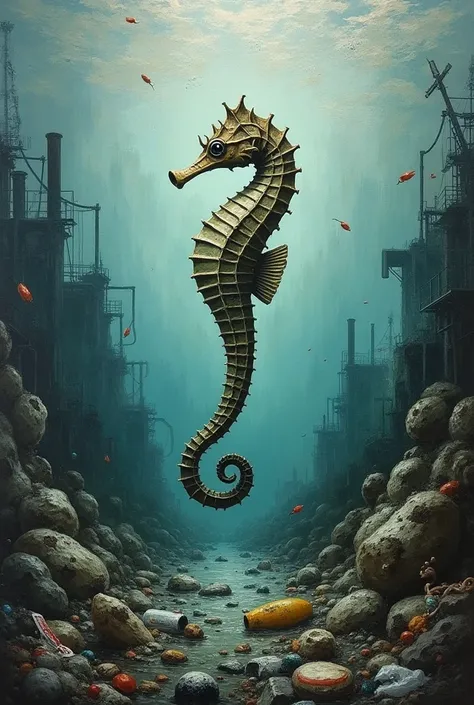 water pollution painting with sea horse 