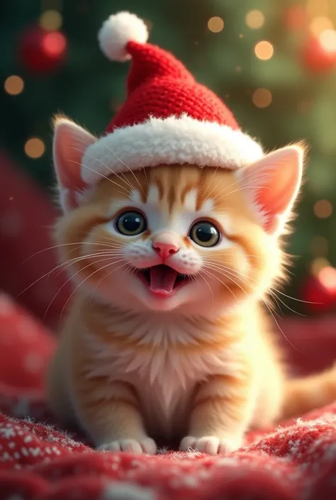 Happy kitten in Christmas hat