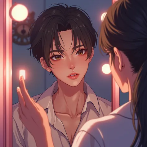 Bts Jeon jungkook in his makeup room ... Many girl makeup artist doing his makeup a closeup shot of his beautiful handsome face and his sexiness in anime version .....and doing mirror selfie aesthetic pic 