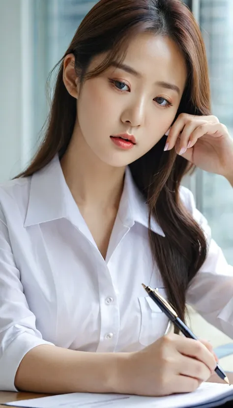 Close-up shot of beautiful korean female, 34 inch breasts size, long hair, wearing white office uniform, black skirt, holding pen acting like thinking of something, some documents in front of her, UHD