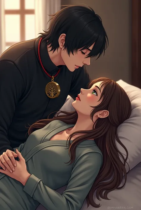 She has long hair, brown and green eyes, She has a gray home outfit on and he is laying her down on his bed while she is holding the medal hanging around his neck looking at the medal He has his warrior uniform on it is black and tight, His hair is black, ...