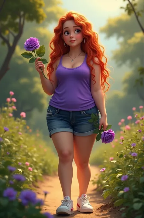 digital perfection. a young woman with long, slightly curly bright red hair, a purple singlet, short jeans, white shoes with red stripes. slightly overweight. is carrying a single purple rose. atmosphere in the safari park. perfect view.