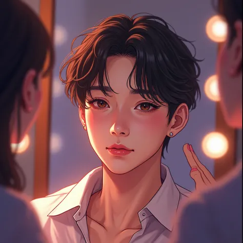 Bts Jeon jungkook in his makeup room ... Many girl makeup artist doing his makeup a closeup shot of his beautiful handsome face and his sexiness in anime version .....and doing mirror selfie aesthetic pic 