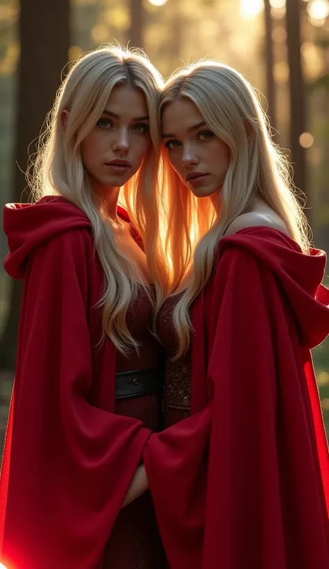 2 female influencer, white, light blonde hair, long and straight hair, perfect large breasts, Delicate body, perfect hands, perfect legs.,extremely beautiful little red riding hood, subtle makeup, golden hour time, photorrealistic, hight contrast, 8k hd, d...