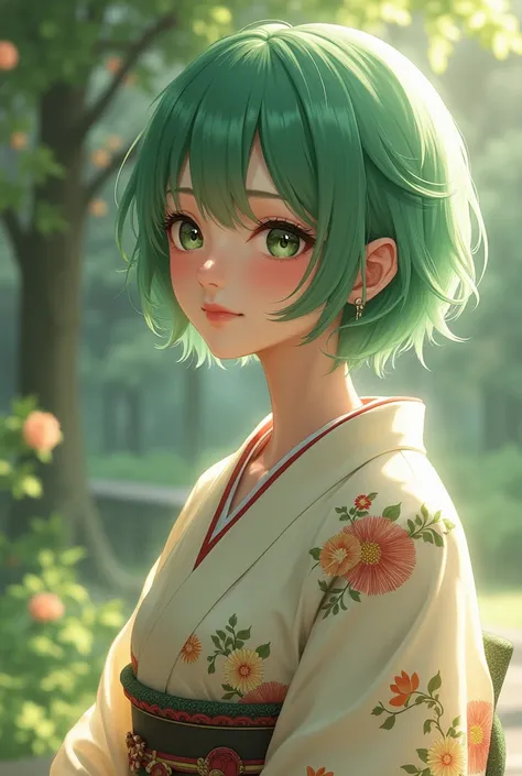 INFP 9w1 woman, beautiful and lovely appearance, short green hair, cute and relax, neat, smile, wear Japanese kimono. 