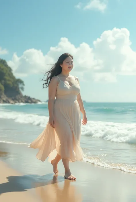 Beautiful plump Korean woman wearing a fashion trend dress, strolling along the beach on a beautiful day with some clouds