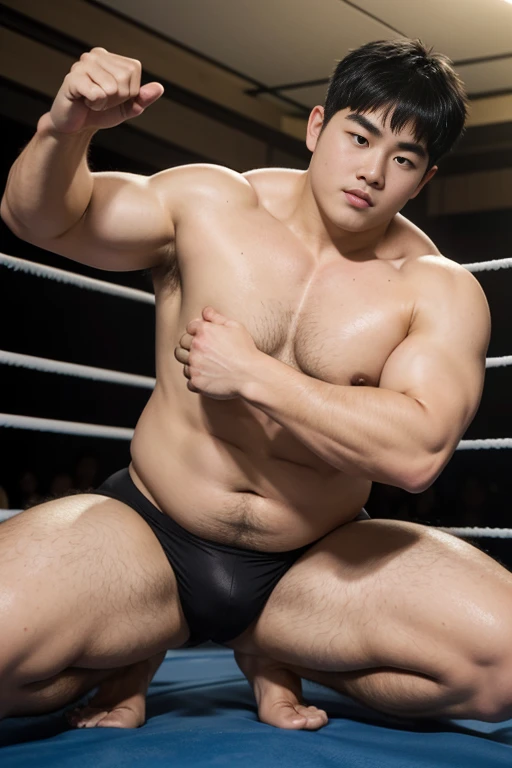 (Highest quality)), (detailed),(masterpiece:1.2),Fat Japanese fair-skinned boy、A muscular body with excess fat、round face、Short hair with bangs、The skin is smooth and hairless、barefoot、Professional wrestling ring、stretch、Thinning hair