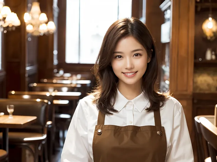 (Highest quality、Tabletop、8k、Best image quality、Award-winning works)、Woman working in a café、(The perfect brown apron:1.2)、(Standing elegantly in a cafe:1.1)、(A classy shirt and apron:1.1)、(Big Breasts:1.1)、(Accentuate your body lines:1.1)、Beautiful woman ...