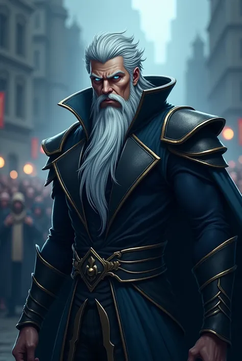 naughty man, armor black, big white hair, white bearded, wise, 40 year old, defined, blue colored eyes, Cao Cao, gerald, one piece anime estile, good quality, dark, sorcerer aspect due to some details of the costume, in the background to a blurred crowd, f...