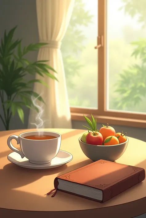 A cozy scene with a journal, a cup of herbal tea, and a bowl of fruit on a wooden table near a window, where sunlight gently pours in. The setup reflects mindfulness and the nurturing of both body and soul through healthy habits. Anime 