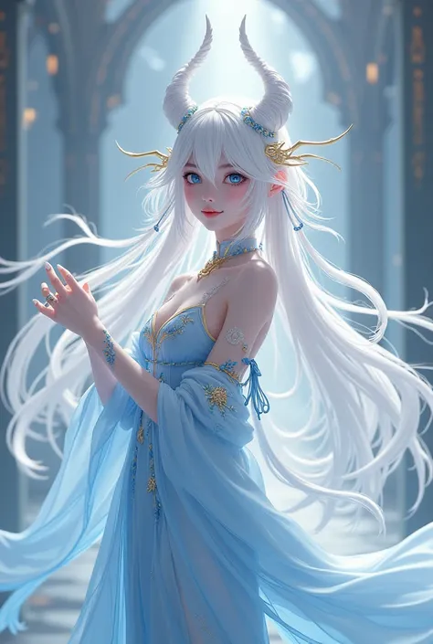 Create a character in the style of the Honkai Star Rail game with white hair, delicate horns and a Chinese water dragon tail, white and blue eyes and wearing a Chinese style outfit with shades of light blue and white with gold details.