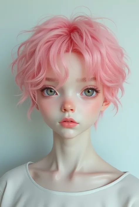 A white-skinned young man with pink hair