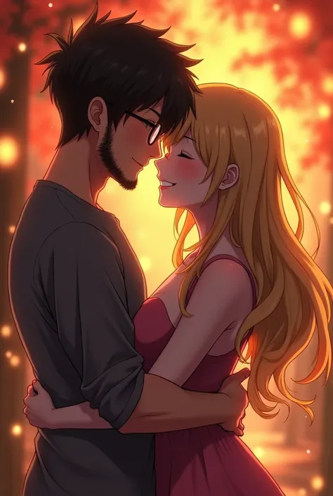 Anime couple Er mit brille bart dunkle haare braune augen. Sie blonde lange haare , brille blaue augen 
Hug strong feeling realistic real love smile romantic 
Fire 
 
