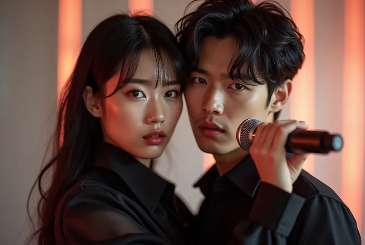 A  photoshoot of a handsome Korean man with soft, wavy dark hair and defined facial features, reminiscent of classic idol looks. He is singing passionately, holding a microphone in one hand. Beside him is a beautiful woman with delicate, youthful features,...