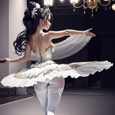 Graceful ballerina in a white tutu, decorated with intricate details, posing gracefully on pointe. She stands with her arm outstretched and her back proud., complemented by a large black swan figure in the background. Her hair is styled into a neat bun wit...