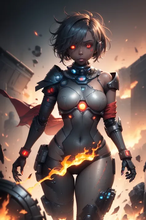 1girl, Female robot, superheroine, (((damaged android girl))), (((rusted))), burned, (((battle damage))), ((((mising left arm)))), (((exposed endoskeleton)), woman, (((black with red accents extremely damage robotic cyber armor))), (blue ripped cape), (red...