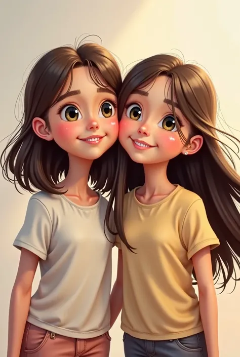 a girl with shoulder length hair, Brown hair, large eyes, next to another girl with long brown hair, with dimples on the cheeks 