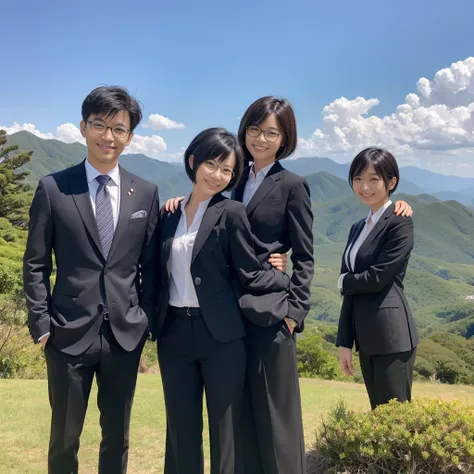 A Japanese couple. A 2 woman with short black hair and a 3 man in a suit with glasses, looking kind and smiling. They are standing with their arms around each other. The background features a stunningly beautiful foreign landscape.