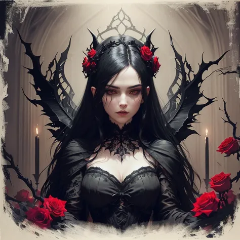 Dark gothic artwork featuring a central figure in elaborate black attire with intricate lace details. a thorny crown and a dark, The artwork has a textured finish, loose hair. diffused lighting enhances the dramatic effect, sharp teeth, and horns. dark col...