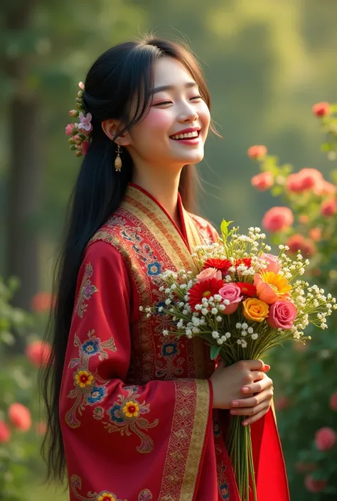 Asian fair and beautiful girl wearing Manipur traditional "phanek", carrying some flowers and laughing.